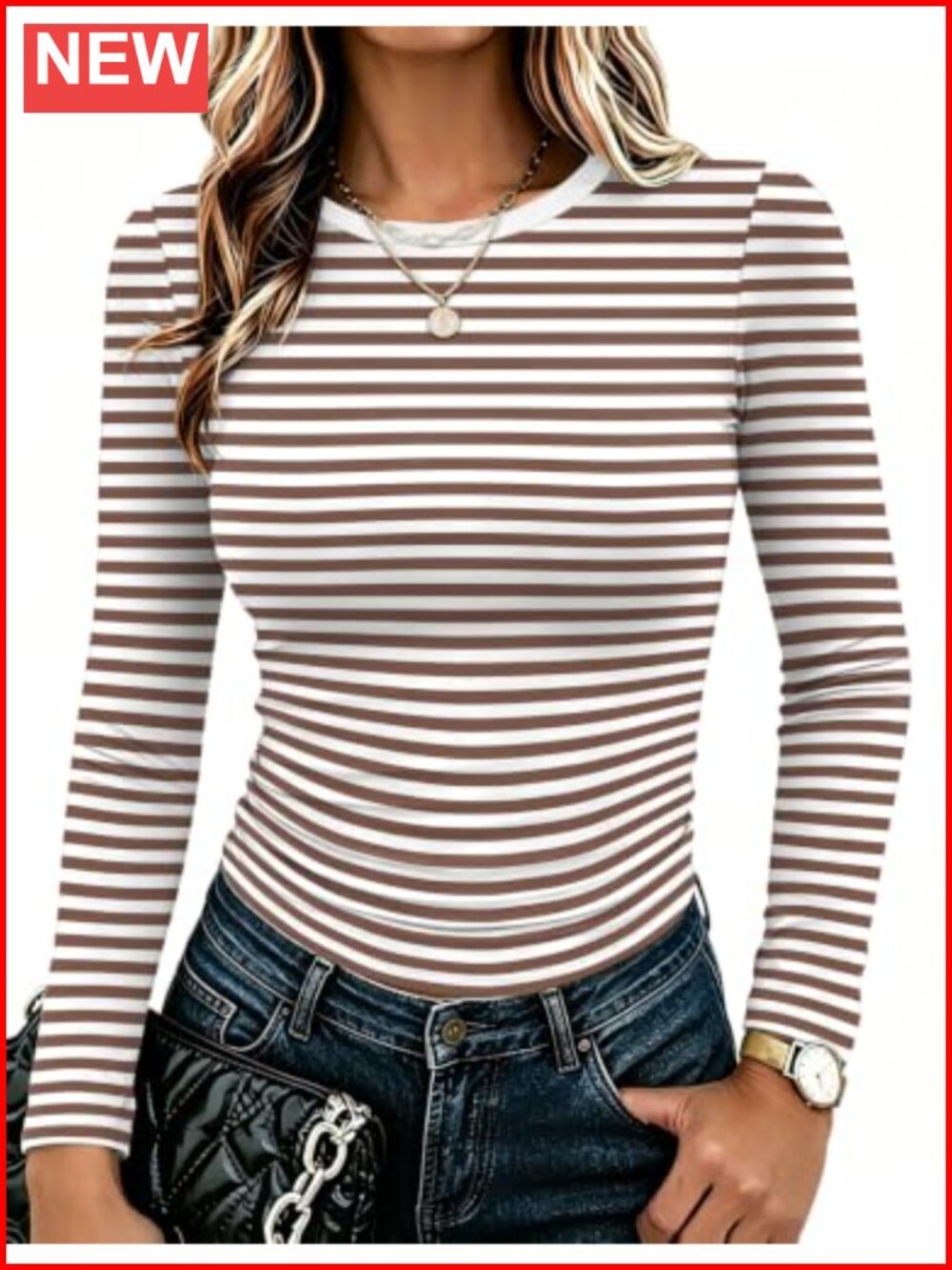 Women Long Sleeve Fitted Crewneck Tee Striped Stretch Basic Top